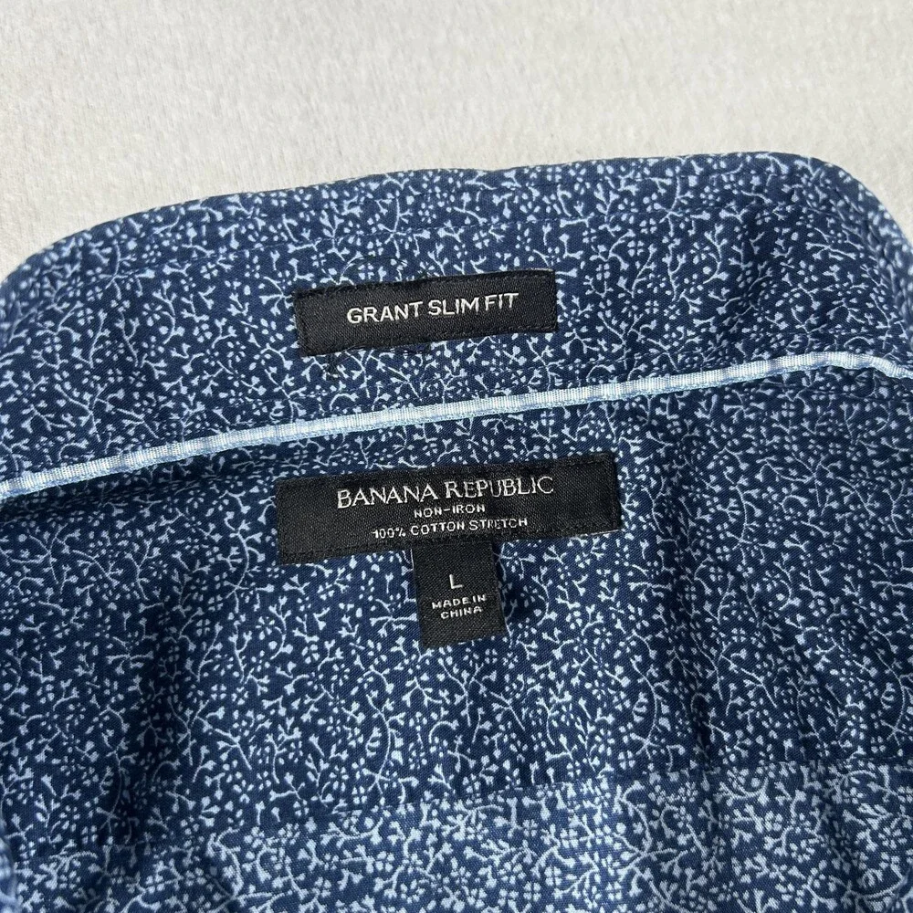 Banana Republic Dress Shirt Mens 16-16.5 L Blue Floral Slim Non Iron Stretch